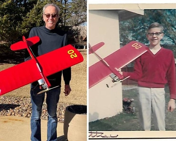 4. "На фото справа - я-подросток с только что достроенной моделью самолета, которой было суждено быть полностью разрушенной несколько минут спустя :(. А слева - я 56 лет спустя с точно такой же моделью самолета, которую мне преподнес мой коллега в качестве сюрприза".