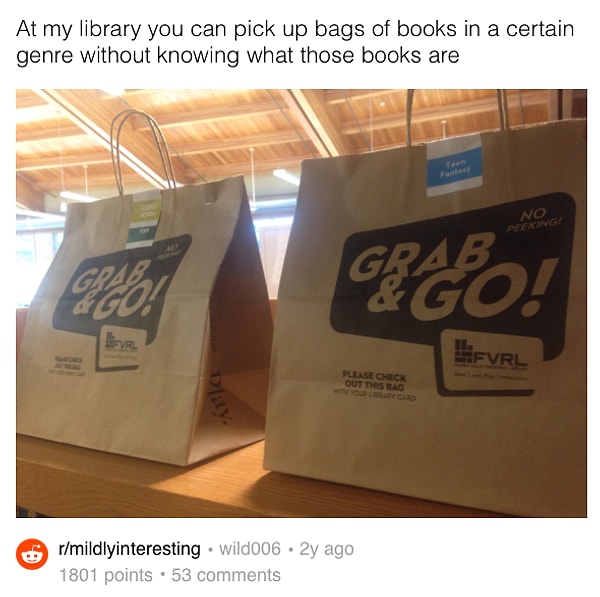6. "В моей библиотеке можно взять пакет с книгой определенного жанра, но содержимое свертка - сюрприз!"