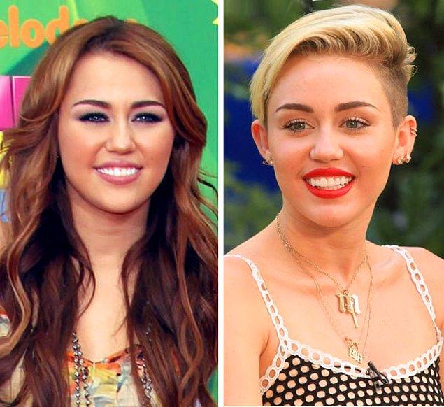 7. Miley Cyrus kahve saçlarıyla masum bir imaja sahipken tüm saçını kesip platin sarısına boyatarak bambaşka bir havaya bürünmüştü.