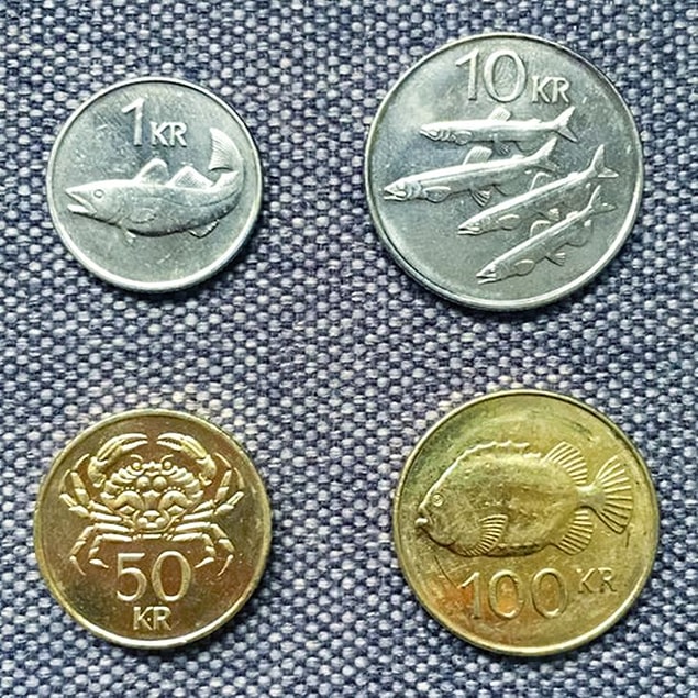9. İzlanda'nın para birimi olan Krónur bozuk paralarının üstünde ülkenin kıyılarında bulunan balıkların resimleri vardır.