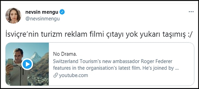 Skandala tepkiler sürerken Gazeteci Nevşin Mengü, İsviçre'nin reklam filmini "İsviçre çıtayı yok yukarı taşımış" notuyla paylaştı.