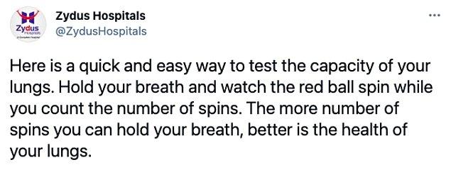 "Burada akciğerlerinizin kapasitesini hızlı ve kolay bir şekilde test edebileceğiniz bir yol var. Nefesinizi tutun ve turları sayarken kırmızı topun dönüşünü izleyin. Ne kadar fazla nefesinizi tutabiliyorsanız, akciğer sağlığınız da o kadar iyidir."