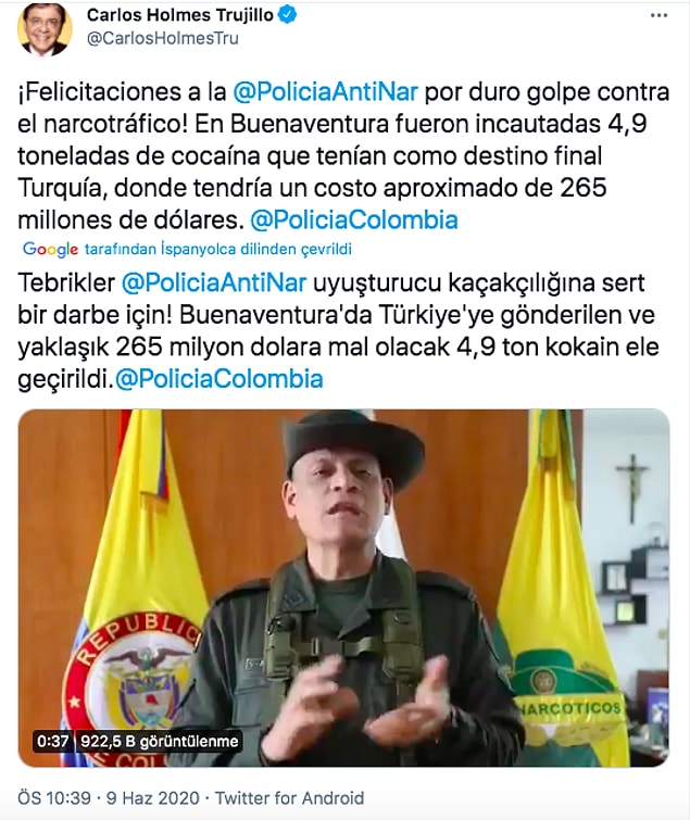 Yapılan kısa bir araştırmada 5 tona yakın yaklaşık o dönem 265 milyon dolar değerindeki uyuşturucunun Haziran ayında yakalandığı ortaya çıktı. Kolombiya Savunma Bakanı Carlos Holmes Trujillo, Twitter hesabından paylaştığı mesajda narkotik polisini tebrik etmişti.
