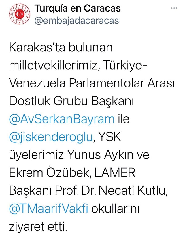 Bu olayın ardından Aralık 2020’de yani yaklaşık 6 ay sonra Türkiye-Venezuela Parlementolar Arası Dostluk Grubu ülkeyi ziyaret etmiş.