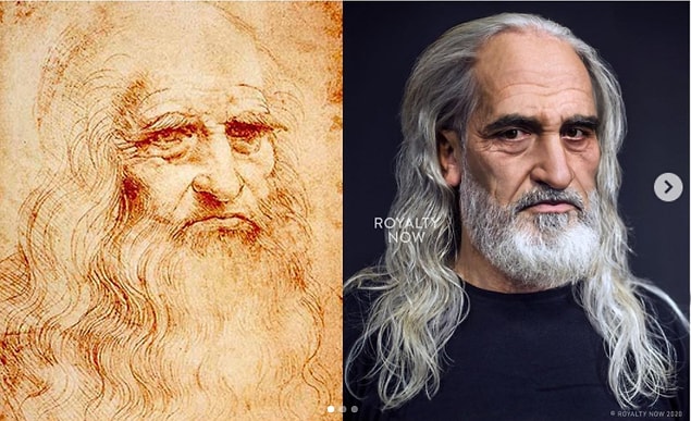 Yakın zamana kadar, Becca Leonardo da Vinci'yi modernleştirme girişiminde bulunmaya cesaret edemiyordu çünkü solda görünen otoportre, tasarımcının çalışabileceği tek çağdaş tasvirdi. Ancak gördüğünüz gibi, sahip olduğu yeni teknoloji ve gelişmiş becerisiyle İtalyan mimarı hayata geçirmeyi başardı.