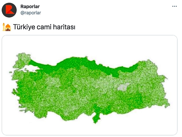 Hazır camii gündemken Raporlar isimli Twitter sayfası da Türkiye'deki camii sayılarını gösterdiğini iddia ettiği bir harita yayınladı. Haritaya göre camii yoğunluğu epey fazla.