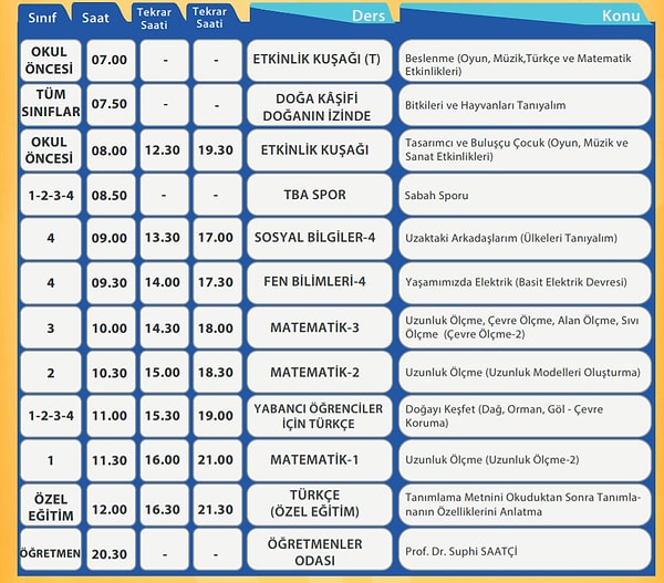 1 Haziran EBA TV İlkokul Ders Programı