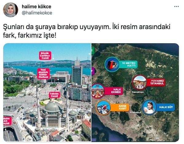 "Kabataş'ta türbanlı bir kadının bir grup erkek tarafından dövüldüğü" iddiasının mimarlarından Halime Kökçe de beton yığınına dönüşen Taksim'den bir görseli İmamoğlu'nun paylaştığı görselle karşılaştırdı.