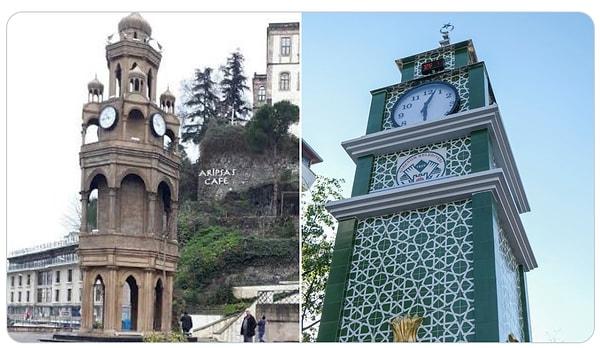 9. Giresun Belediyesi soldaki saat kulesini "gavur işi" bulup kaldırmış yerine yerli ve millisini getirmiş.