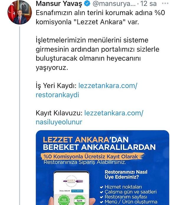 Ankara Büyükşehir Belediyesi Başkanı Mansur Yavaş, Ankara esnafına destek için Lezzet Ankara isimli bir uygulamaya geçildiğini duyurdu.