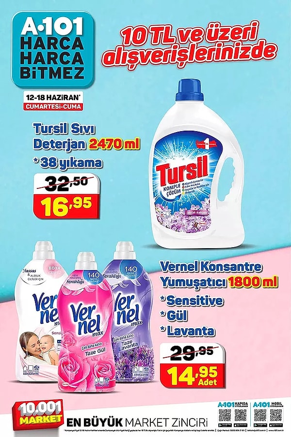 10 TL ve üzeri alışverişlerinize Tursil Sıvı Deterjanı ya da Vernel Konsantre Yumuşatıcı çeşitleri indirimli.