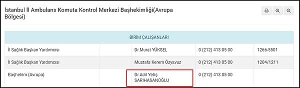 İl Sağlık Müdürlüğü'nün web sayfasında Sarıhasanoğlu, "İstanbul İl Ambulans Komuta Kontrol Merkezi Başhekimi" olarak görülüyor. 👇