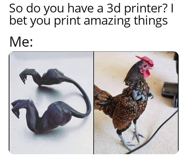 17. "Demek 3D yazıcın var. Eminim harika şeyler basıyorsundur.   / Ben: "