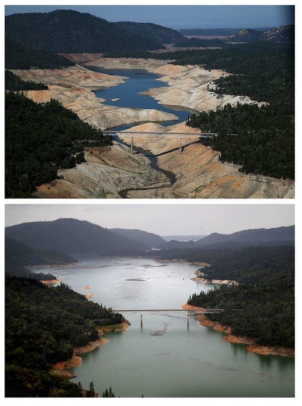 13. Kaliforniya'da bulunan Oroville Gölü'nün üç yıl süren kuraklığın ardından çekilen fotoğrafı:
