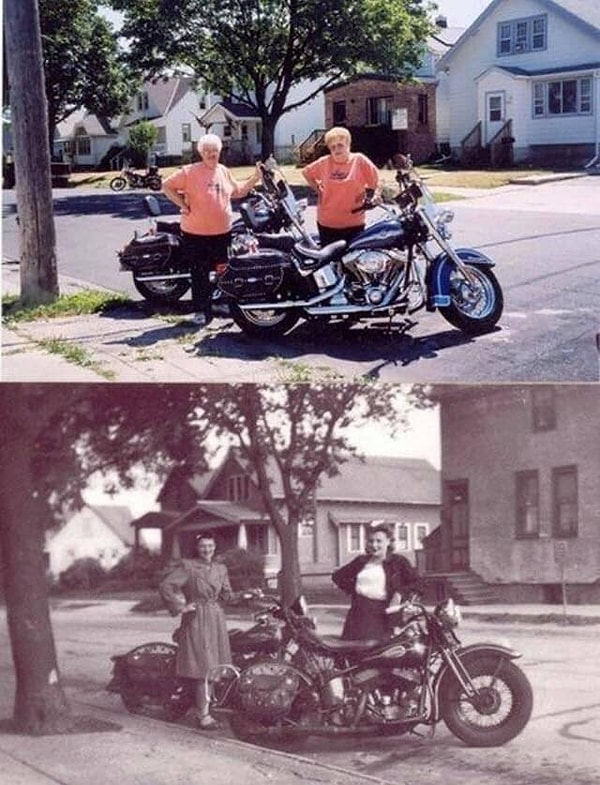 7. Фото двух подруг в 1948 и 2003 годах, которые пронесли свою дружбу и страсть к мотоциклам сквозь 55 лет