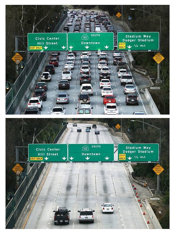 4. Движение в час пик в Лос-Анджелесе 12 марта 2020 года - за неделю до того, как в ответ на пандемию коронавируса активизировались заказы на дом, - и месяц спустя: