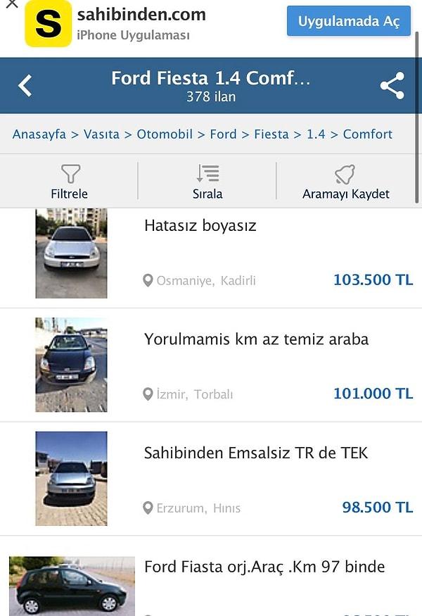 Örneğin eski model Ford Fiesta arabaların fiyatları 100 bin TL'den başlıyor...