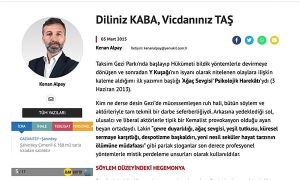 Akit yazarı Kenan Alpay, 'Diliniz kaba, vicdanınız taş' başlıklı bir yazı kaleme almıştı.