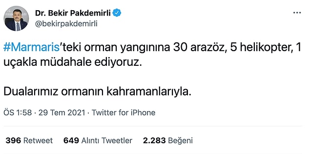 Bakanın paylaşımı ise böyle. Paylaşımda tepki çeken ise Türkiye gibi büyük ve riskli bir ülkedeki yangın söndürme ekipmanının yetersiz oluşuydu.