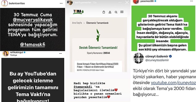 Birçok ünlü isim ormanlık alanların eski haline dönebilmesi için TEMA Vakfı’na gelir bağışı ve fidan bağışıyla destek vermeye başladılar.