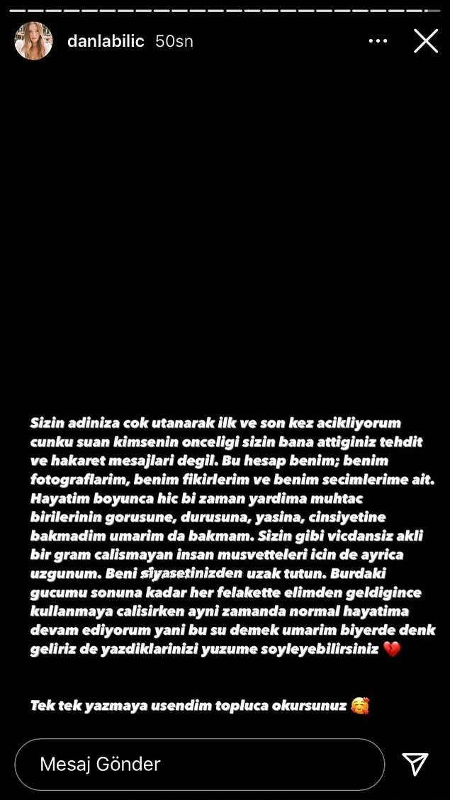 Bu tartışmanın üzerine kendisi Instagram hesabından bir açıklama yaptı: