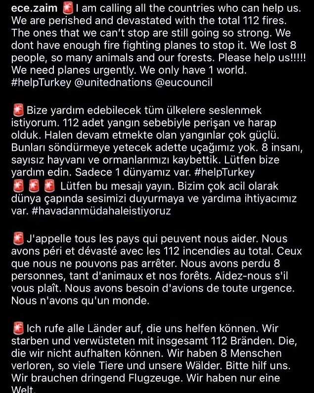 Durum böyleyken ve müdahale edilemeyen yangınlar giderek daha geniş alanlara yayılırken sosyal medyada yardım çağrıları dünyaya yönelik yapılmaya başlandı.