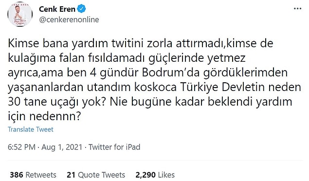 Yardım çağrısında bulunan isimlerden Cenk Eren, bu paylaşım yüzünden kendisini suçlayanlara öfke kustu.