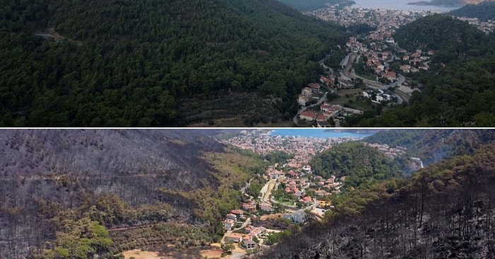 Marmaris’te Felaketin Boyutlarını Gözler Önüne Seren Yangın Öncesi ve Sonrası Çekilen Görüntüler