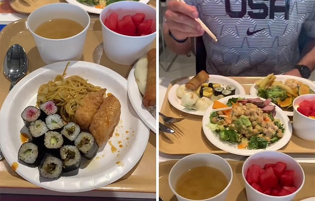 Cody'nin gösterdiği bir sonraki şey yemek salonu. İki katlı olan bu yemek salonunda makarnalardan pizzalara, Japon mutfağına kadar çeşitli yiyecekler sunuluyor.