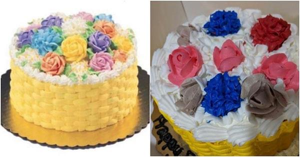 10. "Geçen yıl kızımın doğum günü için sipariş ettiğim pastanın reklamı ve bize gelen pasta."