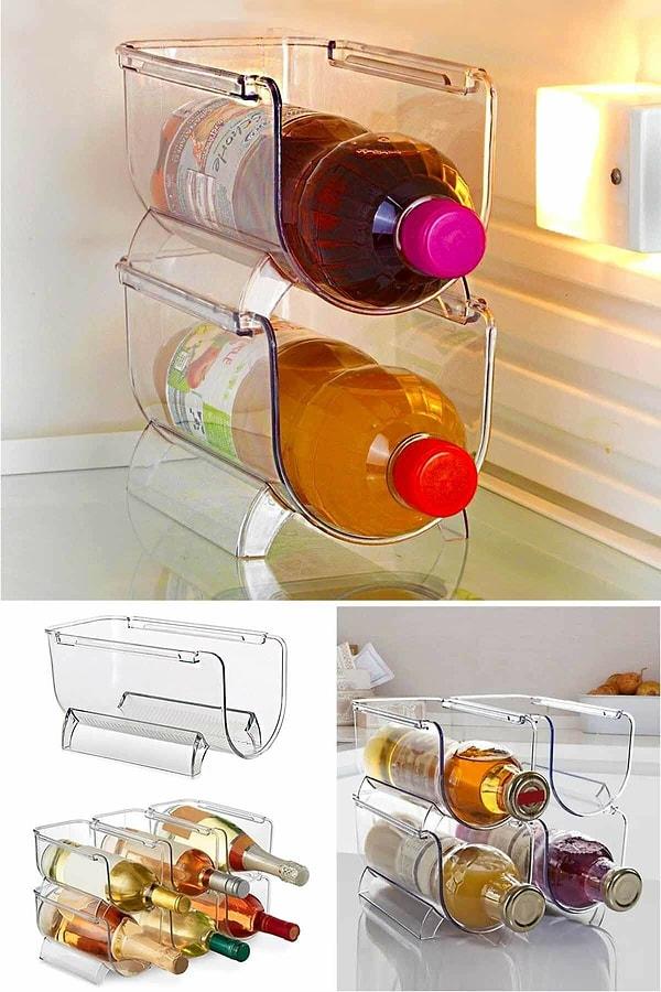 4. Buzdolabının bölmelerine sığmayan şişeler için pratik çözüm.