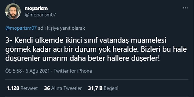 Moparism ''Kendi ülkemde ikinci sınıf vatandaş muamelesi görmek kadar acı bir durum yok.''