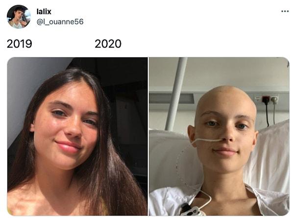 1. Twitter'dan @l_ouanne56 2019 yılında kanser olmadan önceki fotoğrafını ve 2020 yılındaki tedavi gördüğü sıradaki fotoğrafını paylaştı.