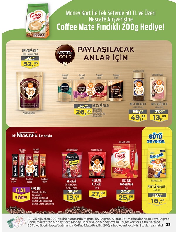 Money Kart ile tek seferde yapacağınız 60 TL ve üzeri Nescafe alışverişlerinize 200 g Coffe Matte Fındıklı hediye.