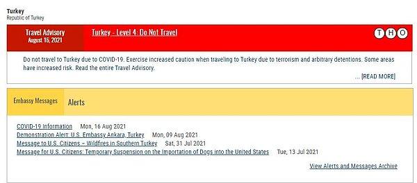 ABD, Türkiye’yi “Seviye 3: Seyahati gözden geçirin” listesine eklemişti. Yeni uyarıda ise Türkiye “Seviye 4″e alındı ve “Seyahat etmeyin” uyarısı yayınladı.