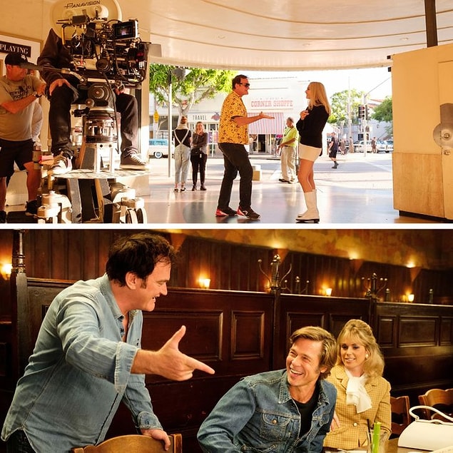 12. Quentin Tarantino, Margot Robbie ve Brad Pitt'e Bir Zamanlar Hollywood'da filminin setinde ne yapacaklarına dair talimat veriyor.