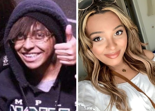 9. "16-24 Emo, kısa saçlı, gözlüklü, akneli, telli ve bol kıyafetler giyen bir kadından sol taraftaki sarışın kadına dönüştüm."