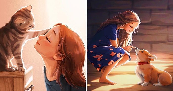 Художница показывает в своих работах, что жизнь намного интереснее, когда рядом есть любимый питомец