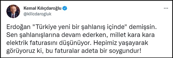 Kemal Kılıçdaroğlu'nun Erdoğan'a şahlanış tepkisi ise gecikmedi. CHP lideri, Twitter hesabından bu mesajları paylaştı: 'Millet senin şatafatına yetişemiyor' 👇