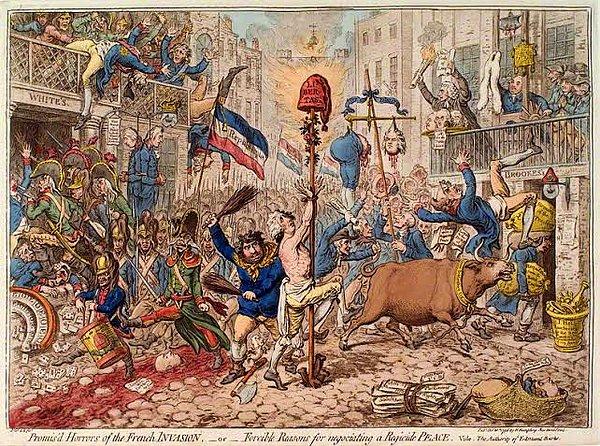 4. İngiliz halkını devrimcilere karşı korkutmak ve uyarmak amacıyla Londra'daki St. James sokağını Fransız devrimcileriyle işgal edilmiş halde gösteren bir çizim.