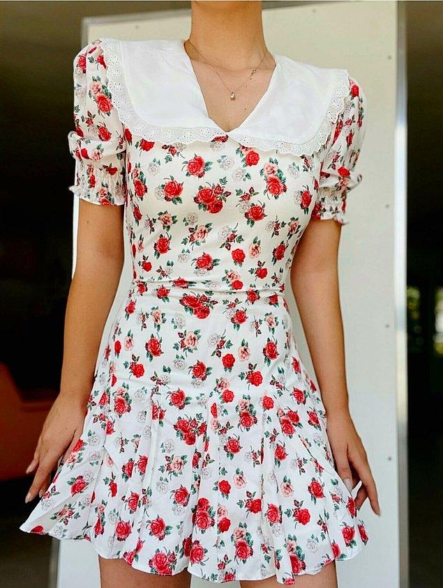 7. Çiçekli mini elbise, vintage yaka elbise arayanlara göre...