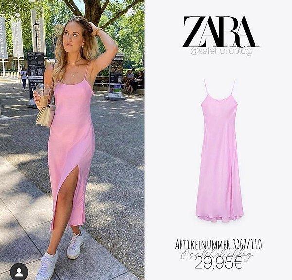 Zara'nın pembe saten elbisesi Avrupa mağazalarında 29,95 Euro