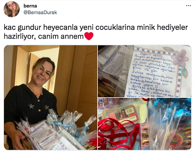 Onlardan biri de bu tatlı ve harika öğretmenimiz. Yeni öğrencileri için birbirinden güzel hediyeler hazırlamış. Onları eli boş karşılamak istememiş. 😍