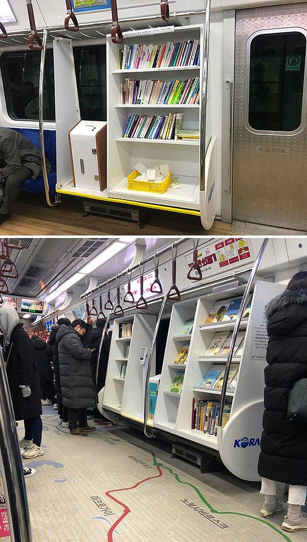 4. Seoul'daki bu metroda minik bir kütüphane bulunuyor.