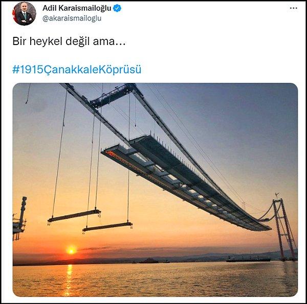 Ulaştırma ve Altyapı Bakanı Karaismailoğlu, yapımında sona yaklaşılan köprünün bir fotoğrafını "Bir heykel değil ama..." notu ile Twitter hesabından paylaştı. 👇