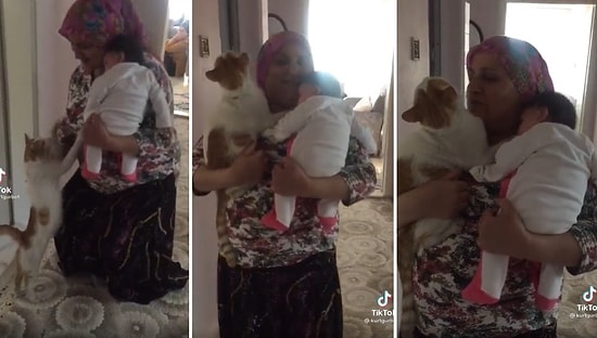 Bir Eline Torununu Diğer Eline de Evin Kedisini Alan Kadını İzlerken Gözlerinizden Kalpler Fışkıracak