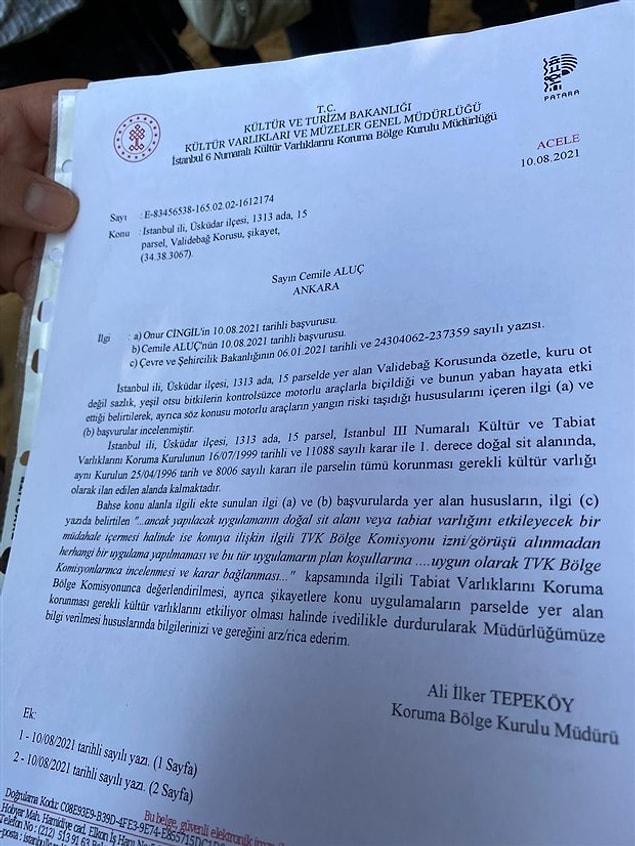 Kültür Varlıkları ve Müzeler Genel Müdürlüğü’nün kararına göre Validebağ Korusu’na herhangi bir şekilde müdahale edilmemesi gerekiyor.