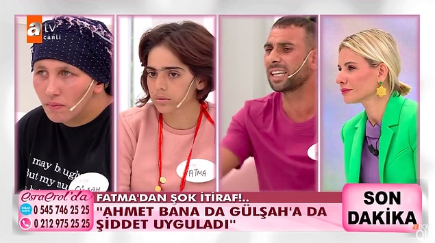 Hatırlarsanız Fatma geçen gün canlı yayında Ahmet'in kendisine şiddet uygulamadığını söylemişti. Gülşah'ın açıklamalarından sonra Ahmet'in hem kendisine hem de Gülşah'a şiddet uyguladığını itiraf etti.