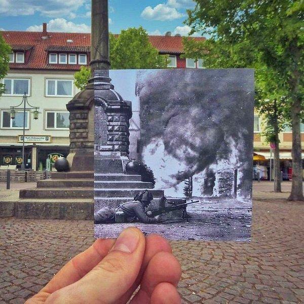 8. Almanya'nın Uelzen şehrinin Rhine Savaşı sırasından kalma bir fotoğrafı ve 2016 değişimi