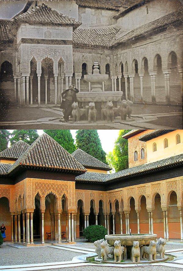 12. 1840 tarihli bu fotoğraftan günümüze Aslanlar Sarayı, Granada, İspanya